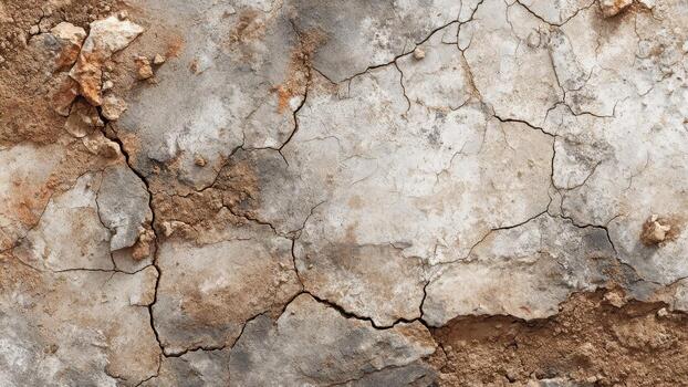 Close up textured surface of cracked concrete with soil and debris background photo