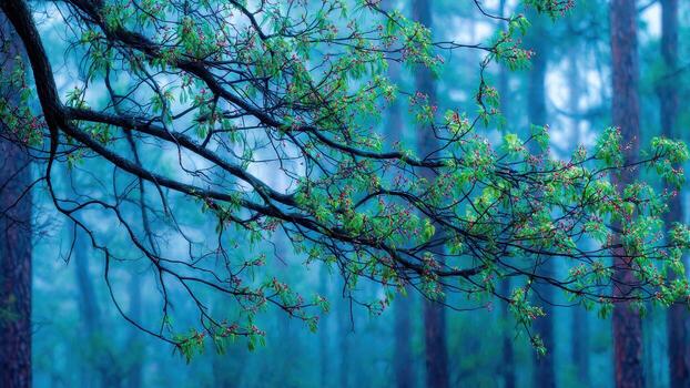 Close up of vibrant green leaves and pink buds on dark tree branches with a blurred blue forest background photo