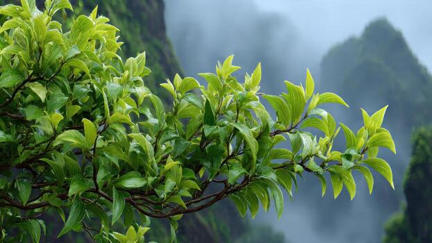 Lush green foliage on branches with misty mountain slopes in the background photo