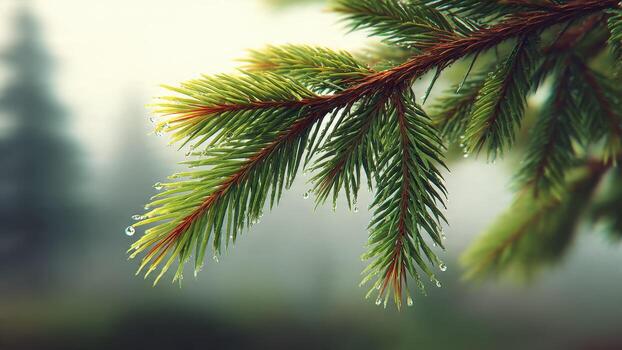 Close up of a pine tree branch with dew drops after rain showing detailed green needles and a blurred forest background photo
