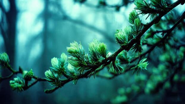 cerca arriba ver de un árbol rama con nuevo verde conífero agujas emergente en suave difundido ligero foto