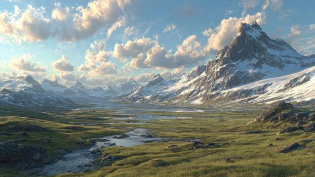 Vast green valley floor with winding stream leads toward snow capped mountain range beneath dramatic clouds photo