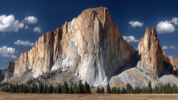 Immense granite cliff face rises dramatically above a valley floor with scattered evergreen trees 96 characters photo