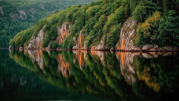 Dense green forest and rock cliff reflecting perfectly in calm dark water below photo