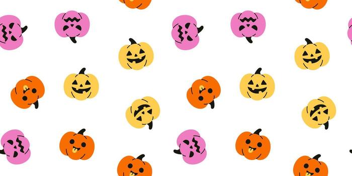 seamless pattern of Halloween pumpkins in orange, yellow, and pink on a white background. Cute jack o lanterns with different facial expressions arranged in a bright, playful scattered layout. vector