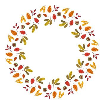 Multicolored circle falling frame with different leaves and space for text. Flat illustration. Seasonal decor. Design for branding, card, poster, menu, scrapbooking, invitation, cover vector