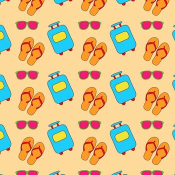 A vibrant and colorful cartoon pattern features suitcases, sunglasses, and flip flops against a light background. The design evokes a sense of vacation and summertime fun. vector