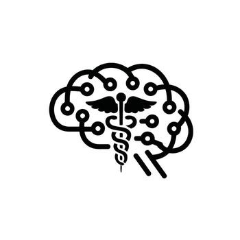 Artificial intelligence in medicine represented by a brain and caduceus in black and white vector