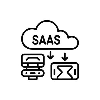 Software as a service concept showcasing cloud server database and data transmission black and white illustration vector