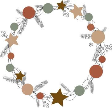 Mobilchristmas wreath frame element boho minimalist style object abstract stars circles fir branches berries for holiday greeting card design vector
