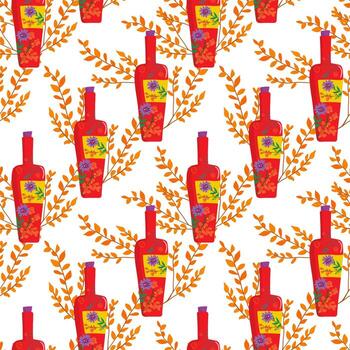 seamless pattern with autumn wine bottles and fall leaves repeating background flat illustration texture for fabric wrapping paper wallpaper menu vector