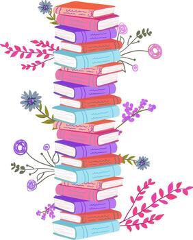 primavera leyendo composición alto pila de novelas y libros de texto floral elementos decorativo diseño acogedor pasatiempo aprendizaje plano objetos vector