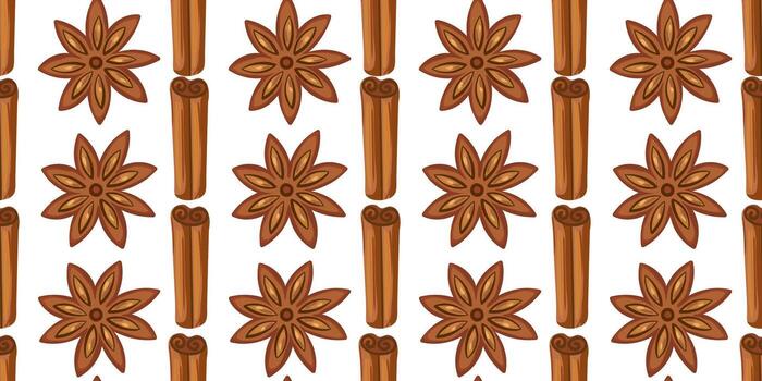 seamless repeating pattern background texture aromatic spices star anise cinnamon sticks isolated white backdrop winter holiday wrapping paper print vector