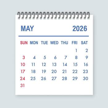 May 2026 calendar page showing dates and planning schedule vector