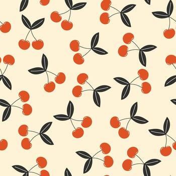 Seamless pattern with red cherries on branch on beige background for summer fruit design vector