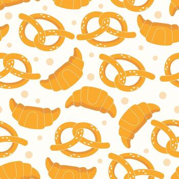 sin costura culinario modelo con croissants y sésamo pretzels en blanco antecedentes para panadería diseño vector