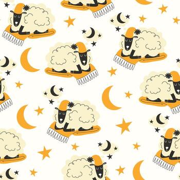 sin costura bebé modelo con dormido oveja en gorro de dormir, nubes, estrellas y Luna en blanco antecedentes vector