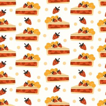 Seamless culinary pattern with autumn strawberry pie slices on white background for dessert design vector