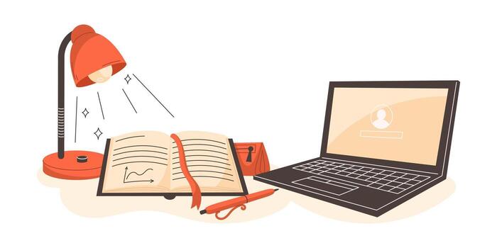 Workspace with laptop, lamp and open textbook representing study and learning process vector
