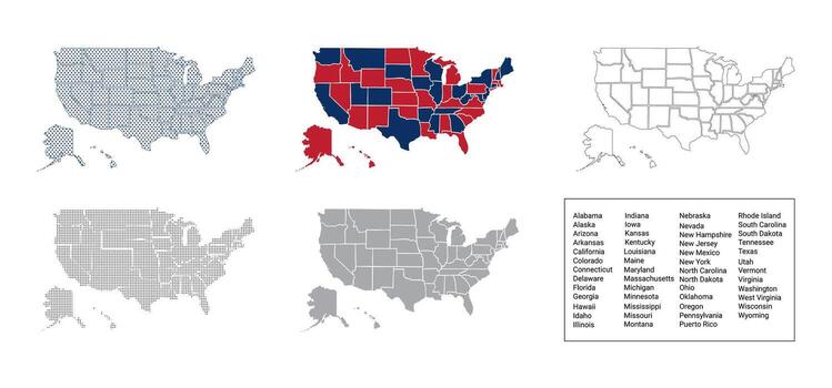 set of USA Map with states isolated on white background. Map variations of the United States vector