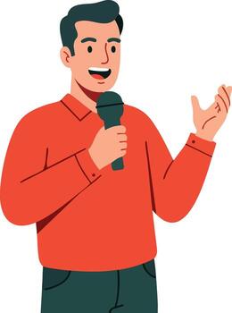 Man speaking with microphone in red shirt presenting or hosting event illustration vector