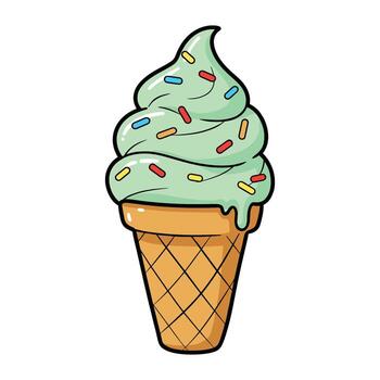 Mint ice cream cone with colorful sprinkles on waffle cone vector