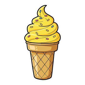 Delicious yellow soft serve ice cream cone with sprinkles on waffle cone vector