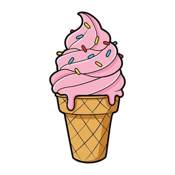 Pink soft serve ice cream in cone with sprinkles vector