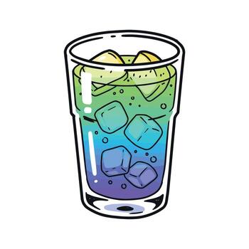 Colorful gradient drink with ice cubes and lemon slices in transparent glass vector