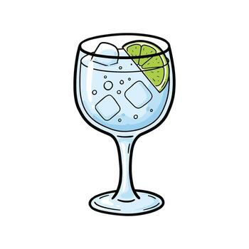Refreshing beverage in glass with ice cubes and lime wedge vector