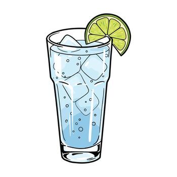 Refreshing glass of sparkling water with lime slice and ice cubes illustration vector