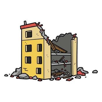 Cartoon of partially collapsed building with debris and broken roof vector