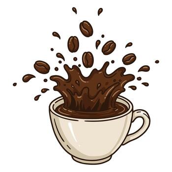 dinámica café explosión con salpicaduras frijoles en taza vector