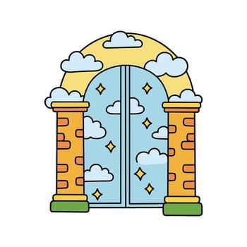 Illustrated gateway with brick columns and cloudy sky in arched mirror vector