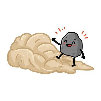 Happy cartoon rock character on a pile of sand with a smiling expression vector