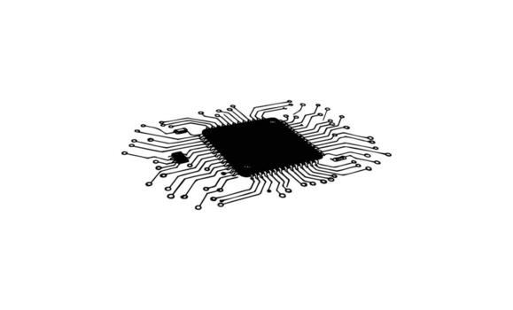 Isometric black microchip with circuit pattern in vector