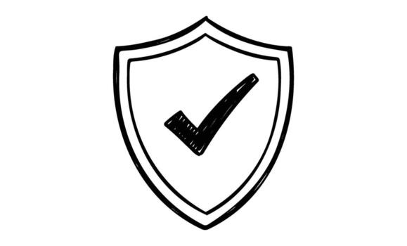 Hand-drawn shield with check mark icon for security and protection concept vector