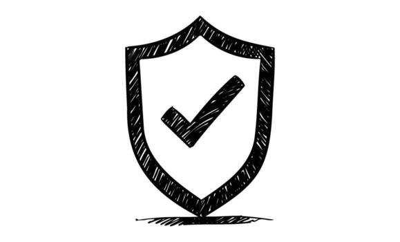 Hand-drawn shield with check mark icon symbolizing security and protection vector