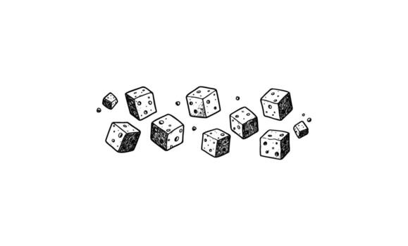 Sketch of floating dice with dots in black and white minimalist design vector