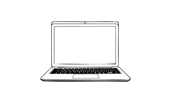 Minimalistic black and white sketch of a laptop with open screen vector