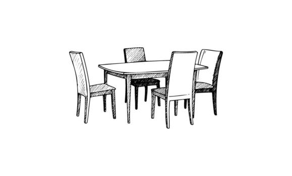bosquejo de moderno rectangular comida mesa con cuatro tapizado sillas vector