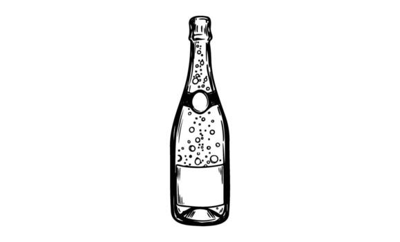 Black and white sketch of a sparkling wine bottle with fizzing bubbles vector