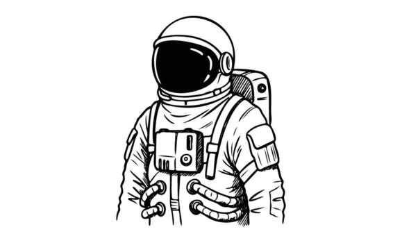 Black and white drawing of astronaut in spacesuit with helmet vector