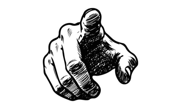 Detailed monochrome drawing of a pointing hand with emphasis on texture and shadow vector