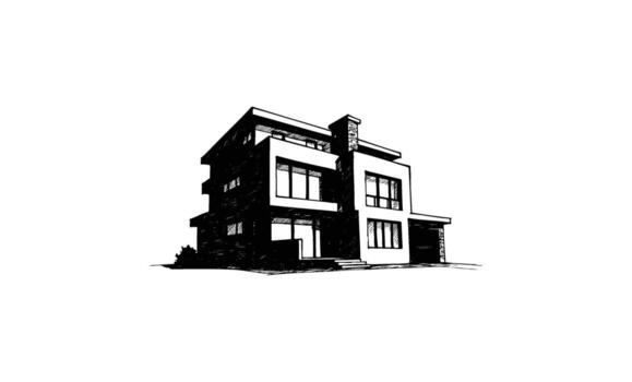 Minimalistic black and white modern house sketch with clean lines and geometric shapes vector