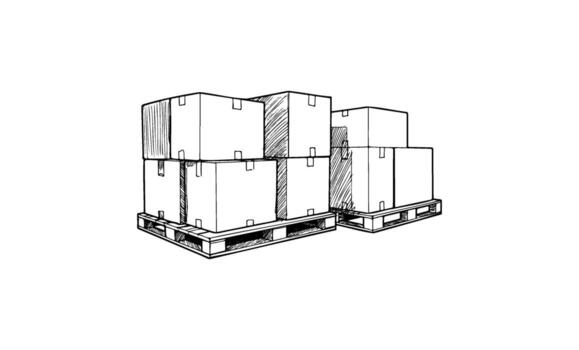 Sketch of stacked boxes on wooden pallets in warehouse setting vector