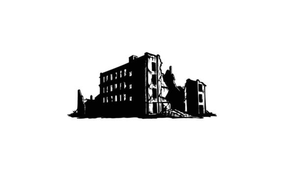 Silhouette of abandoned building with collapsed walls and windows in ruins vector