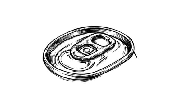 Black and white sketch of beverage can top with pop tab design vector