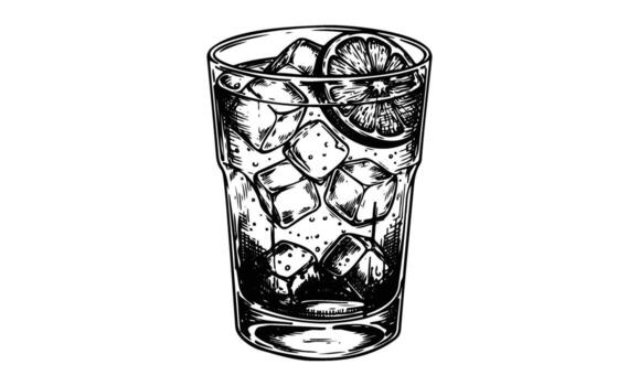 Ink drawing of a refreshing drink with ice cubes and citrus slice vector