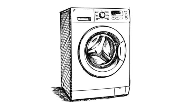 Sketch of a front-loading washing machine in detailed black and white line art vector